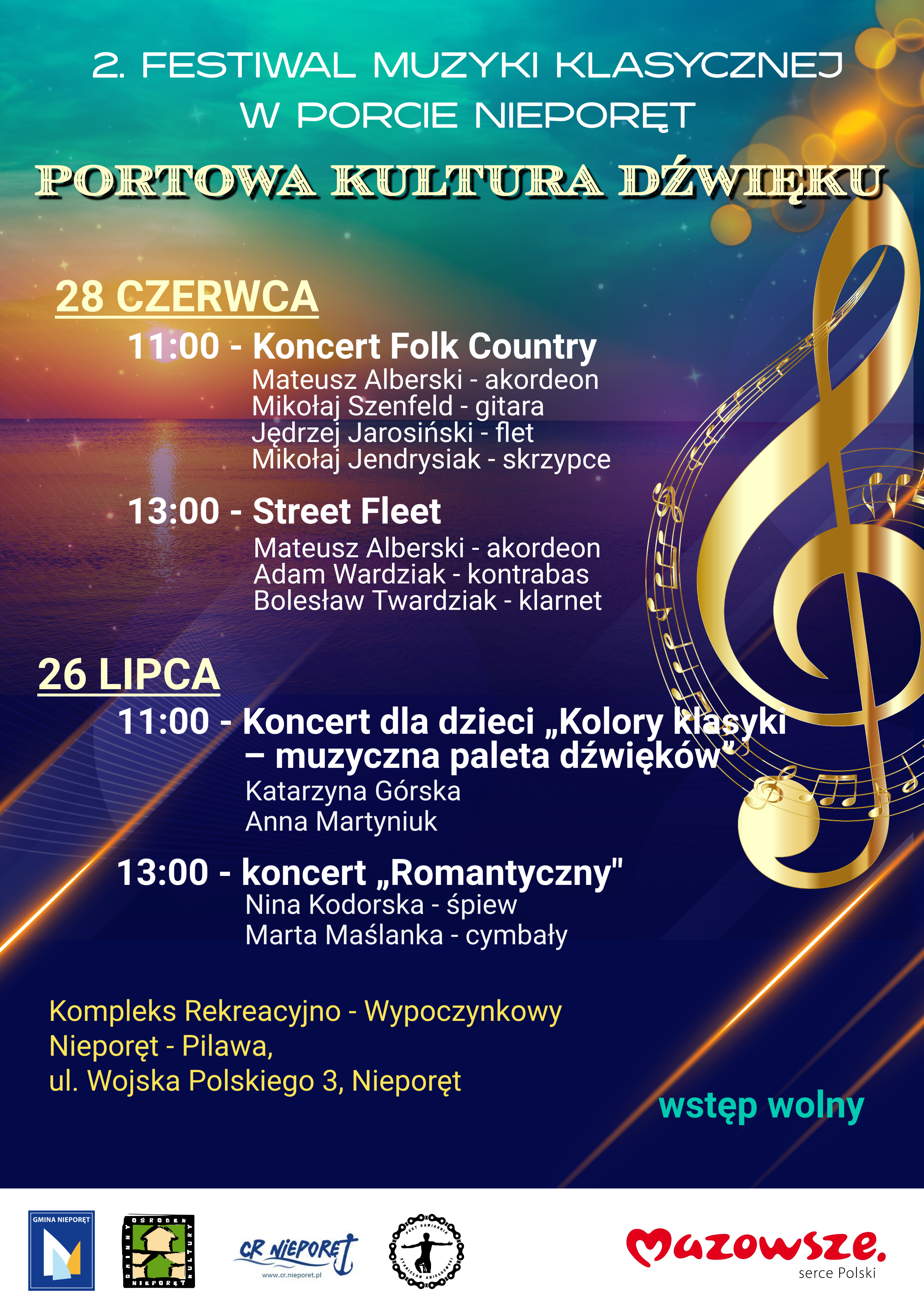 Kolorowy plakat z kluczem wiolinowym. Plakat informuje o koncertach