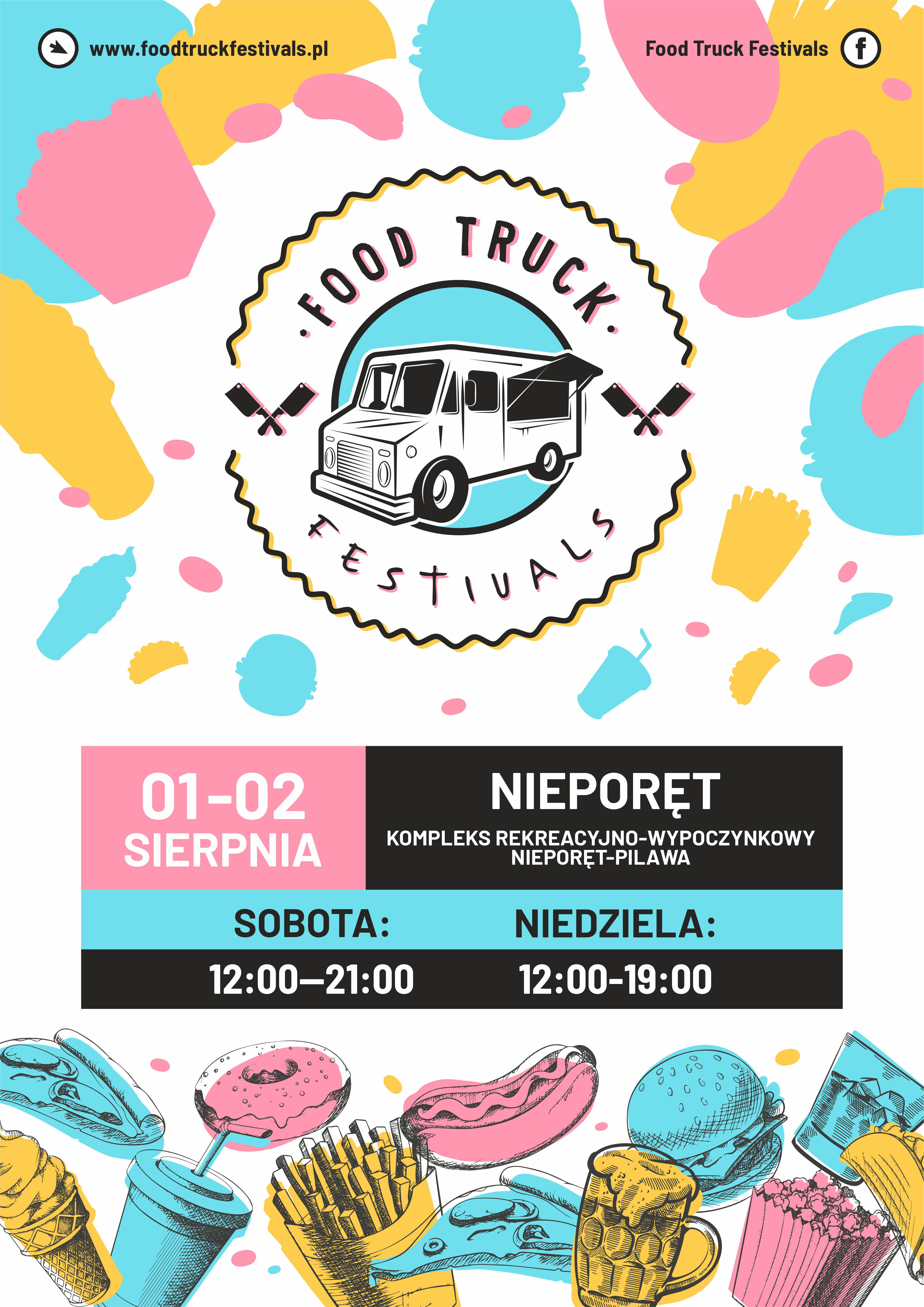 Plakat zapowiadający drugi Food Truck Festivals w Nieporęcie, grafika przedstawia narysowane dania takie jak frytki, hamburgery, lody, hot-dogi