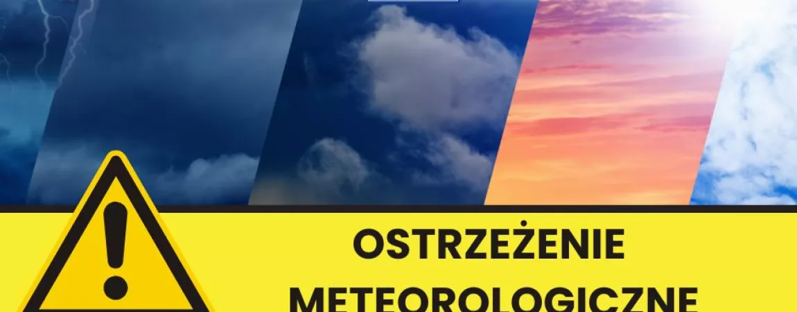 Grafika do komunikatu z ostrzeżeniami meteorologicznymi, na grafice chmury i słońce, 