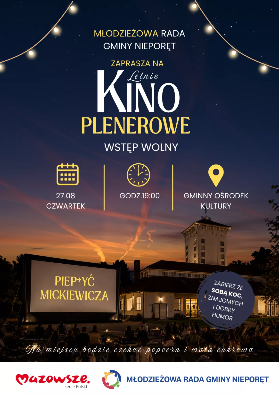 Plakat informujący o wydarzeniu organizowanym przez Młodzieżową Radę Gminy Nieporęt - kino plenerowe