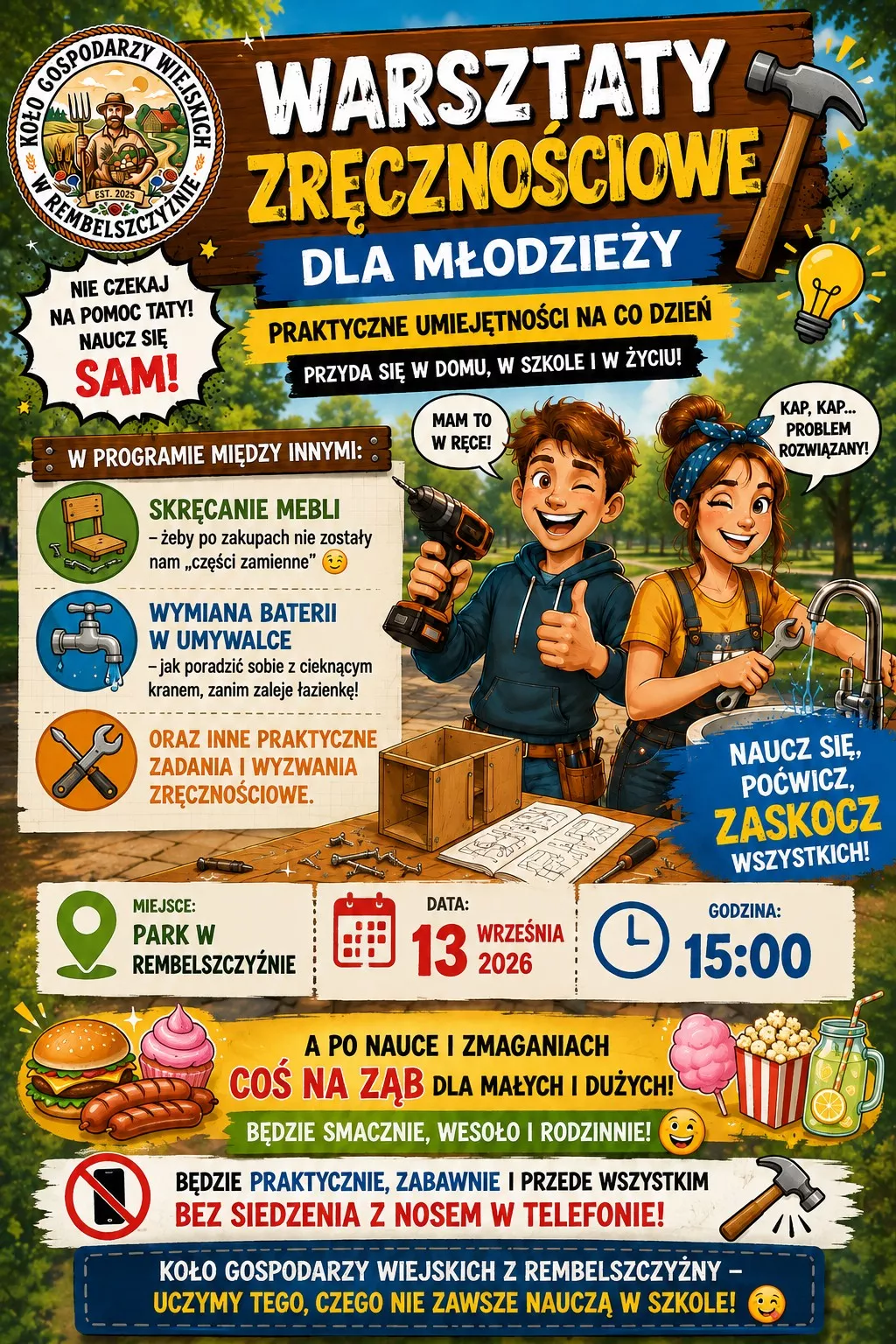 Plakat z informacją o warsztatach zręcznościowe dla młodzieży w Rembelszczyźnie, na grafice animowane postaci chłopiec i dziewczyna. Chłopiec trzyma wiertarkę, a dziewczyna klucz i naprawia cieknący kran. 