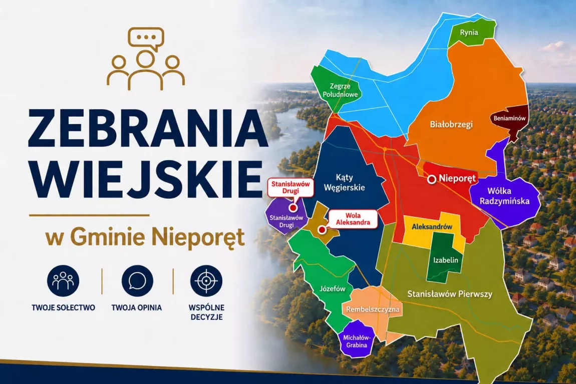 Grafika zachęcająca do udziału w zebraniach wiejskich 2026 - na grafice mapa gminy Nieporęt z podziałem na sołectwa