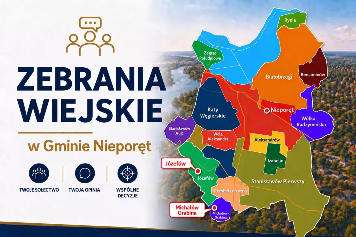 Grafika zachęcająca do udziału w zebraniach wiejskich 2026 - na grafice mapa gminy Nieporęt z podziałem na sołectwa