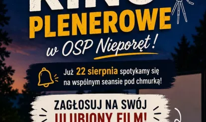 Plakat informujący o wydarzeniu Plenerowe kino letnie 22 sierpnia 2026 roku przy siedzibie OSP w Nieporęcie