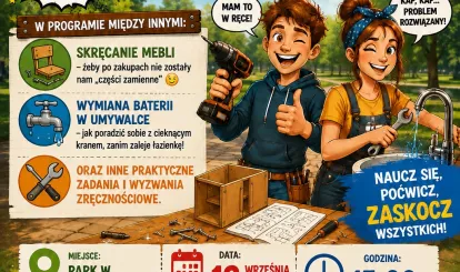 Plakat z informacją o warsztatach zręcznościowe dla młodzieży w Rembelszczyźnie, na grafice animowane postaci chłopiec i dziewczyna. Chłopiec trzyma wiertarkę, a dziewczyna klucz i naprawia cieknący kran. 