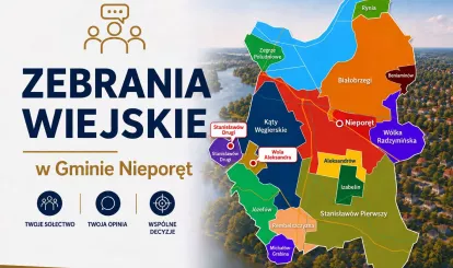 Grafika zachęcająca do udziału w zebraniach wiejskich 2026 - na grafice mapa gminy Nieporęt z podziałem na sołectwa