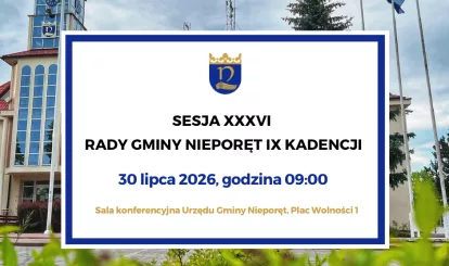 Grafika przedstawiająca komunikat o XXXVI sesji Rady Gminy Nieporęt IX kadencji