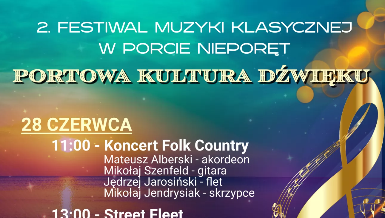 Kolorowy plakat z kluczem wiolinowym. Plakat informuje o koncertach