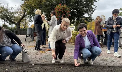 Akcja charytatywna Pola Nadziei w Nieporęcie, na zdjęciu urzędnicy gminni sadzą żonkile