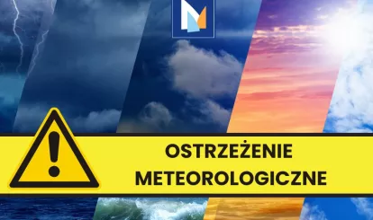 Grafika do komunikatu z ostrzeżeniami meteorologicznymi, na grafice chmury i słońce, 