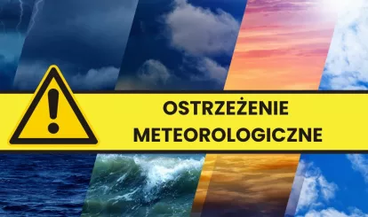 Grafika do komunikatu z ostrzeżeniami meteorologicznymi, na grafice chmury i słońce, 