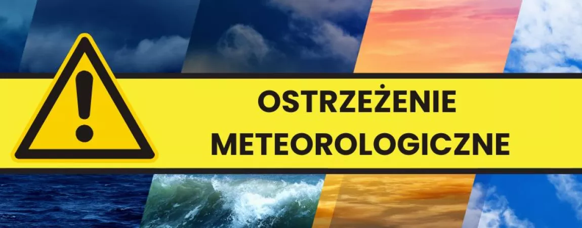 Grafika do komunikatu z ostrzeżeniami meteorologicznymi, na grafice chmury i słońce, 