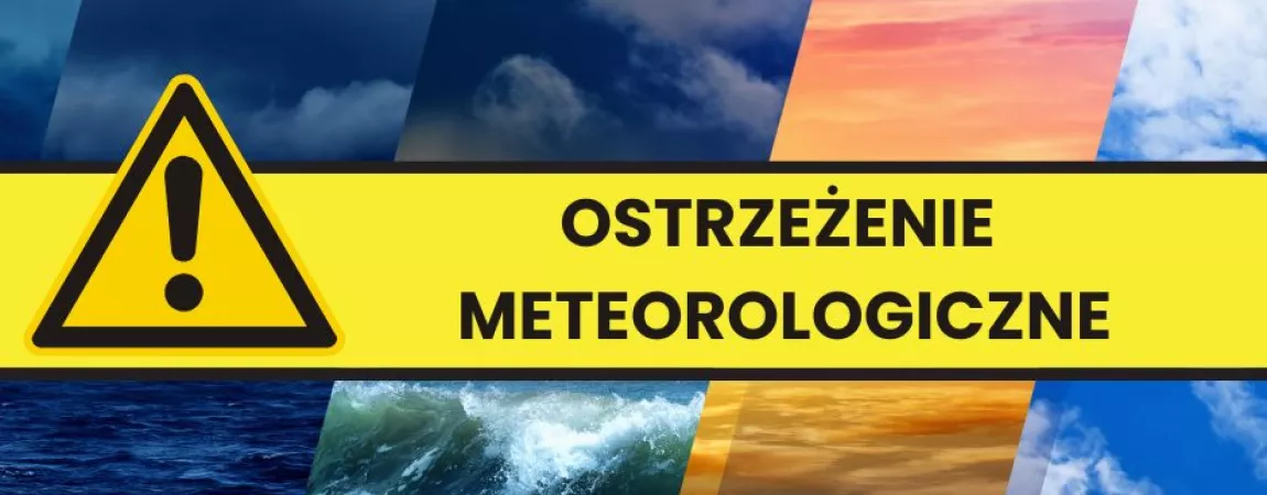 Grafika do komunikatu z ostrzeżeniami meteorologicznymi, na grafice chmury i słońce, 