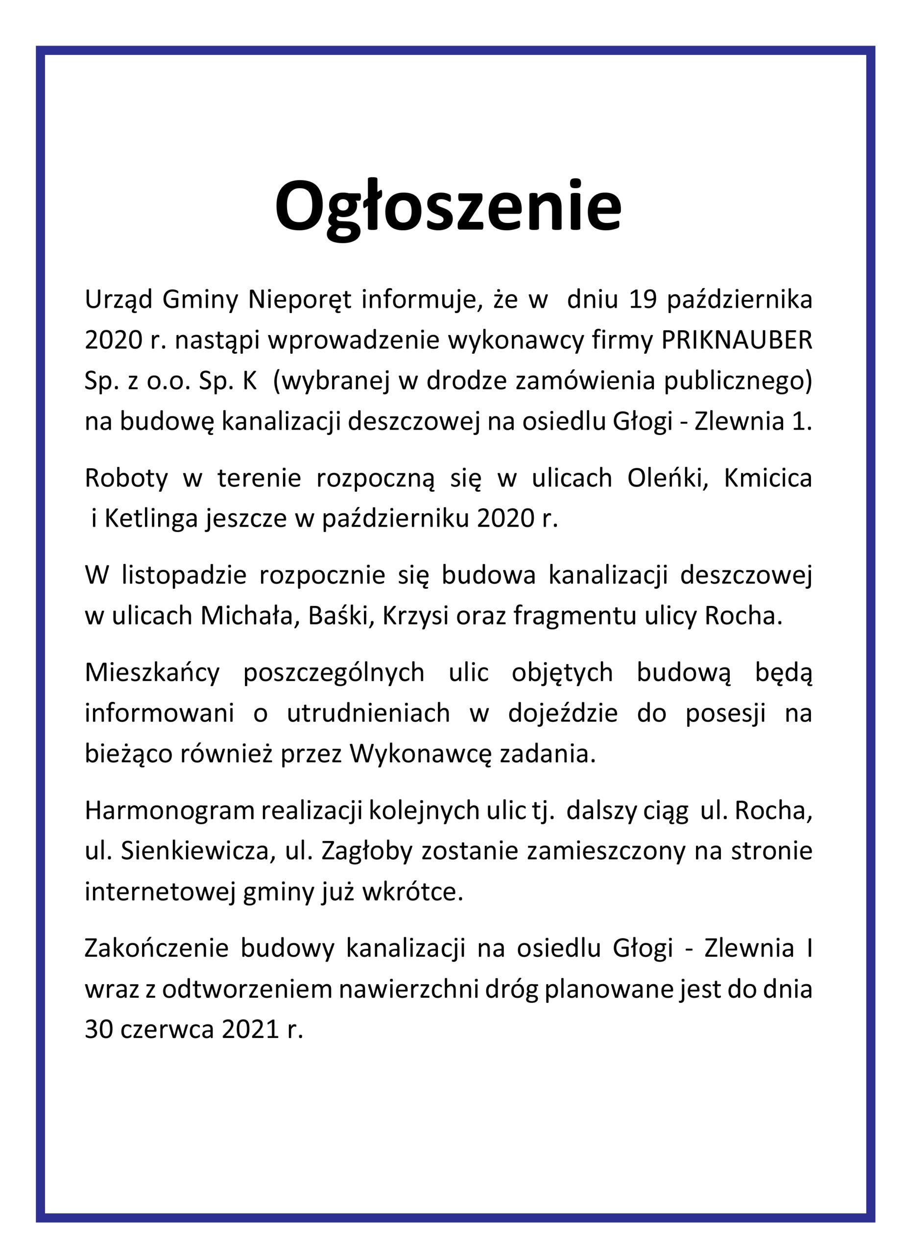 Ogłoszenie-budowa kanalizacji deszczowej - Gmina Nieporęt